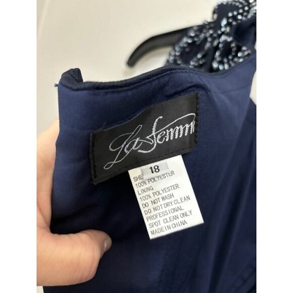 NWT La Femme 25996 Off the Shoulder Beaded Satin Trumpet Gown Blue Size 18 - Picture 10 of 10